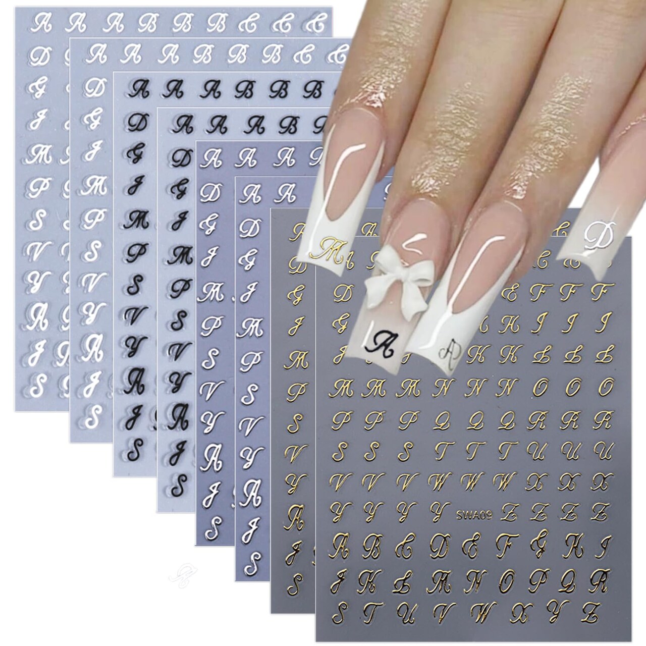 8 Sheets Retro English Letters Nail Stickers (Black White Gold Silver)